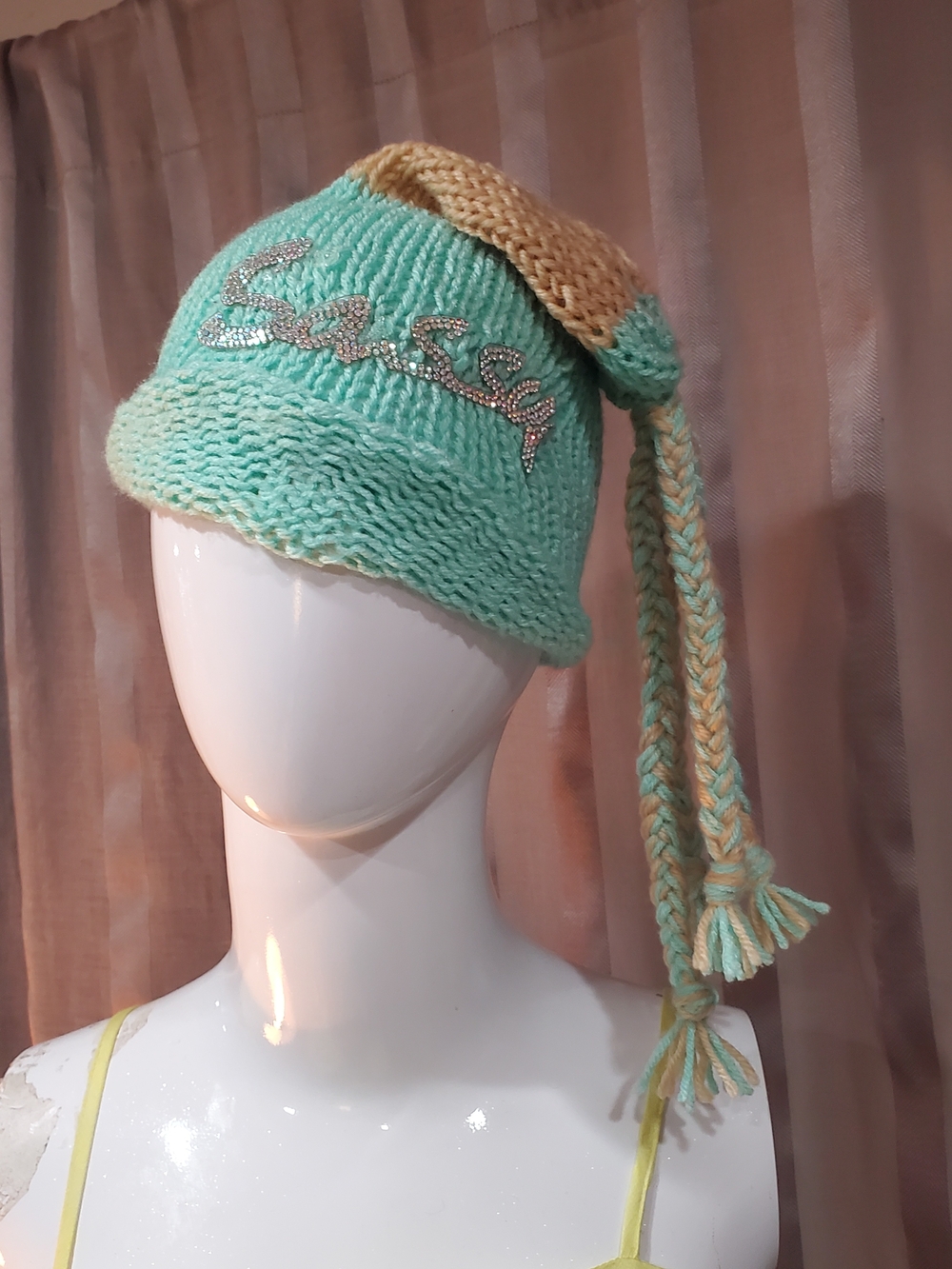 Embellished Braided Tassel Knit Beanie in Mint and Tan